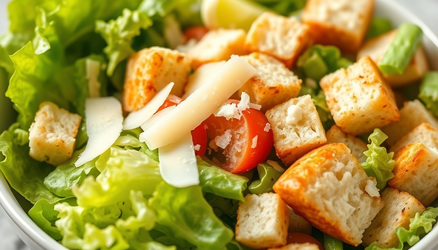 Caesar salad recipe with fresh ingredients in a white bowl.