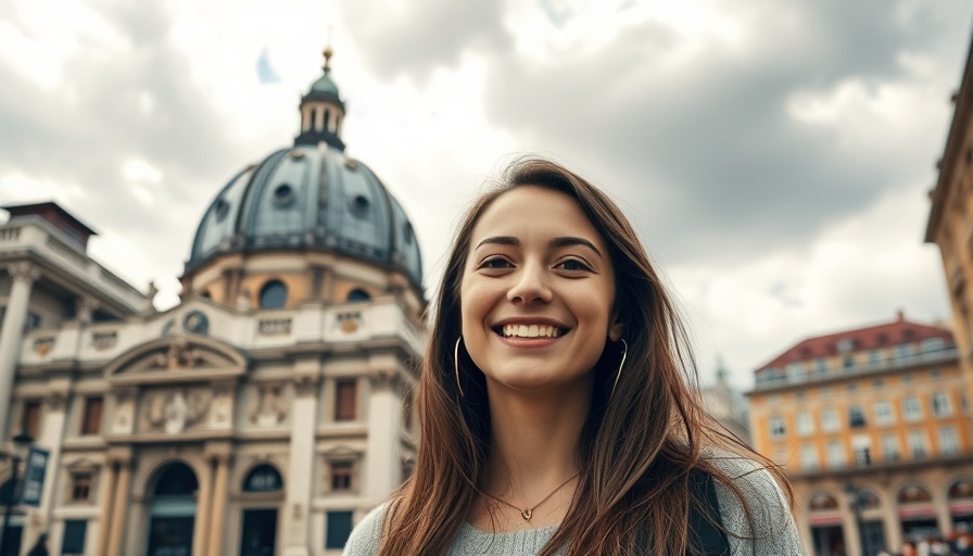 Young woman smiling near historic dome reflecting farm-to-table movement legacy.