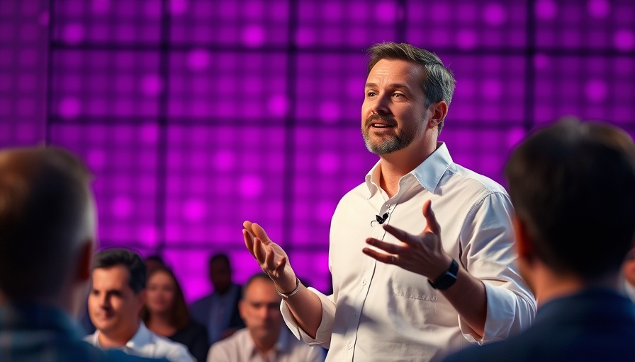 Confident speaker discusses at conference with vibrant backdrop.