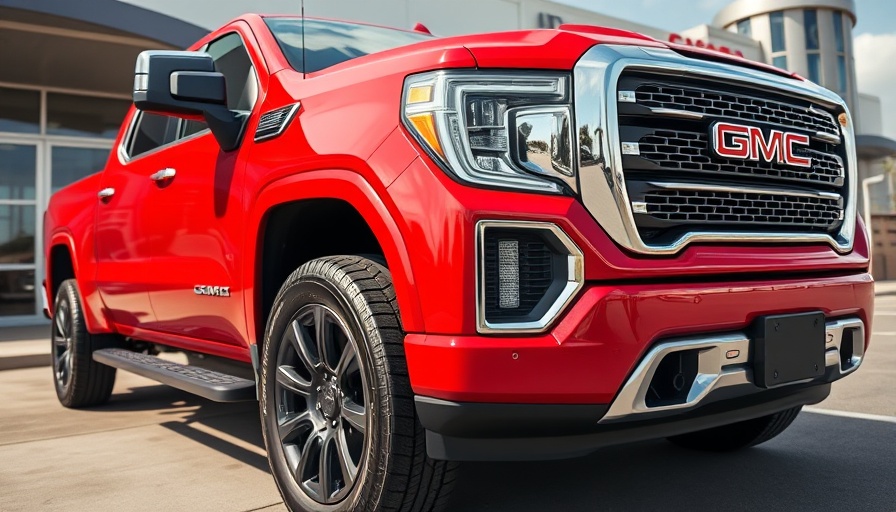 Close-up of red GMC truck in dealership lot