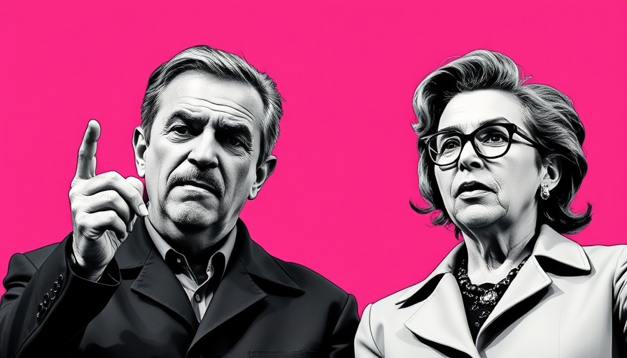 Prominent figures in pop art format, grayscale on pink.