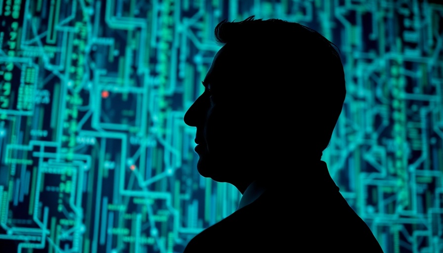 Silhouette of man in front of digital matrix, cybersecurity theme.