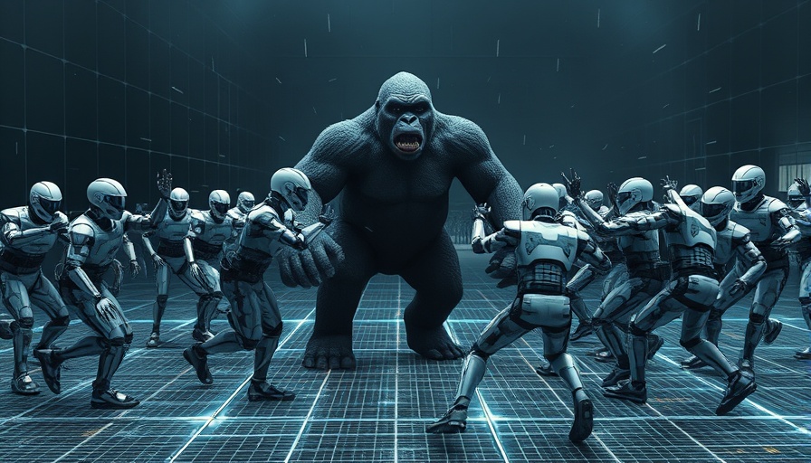 Action scene: 100 humanoid figures vs. 1 gorilla in a CGI environment.