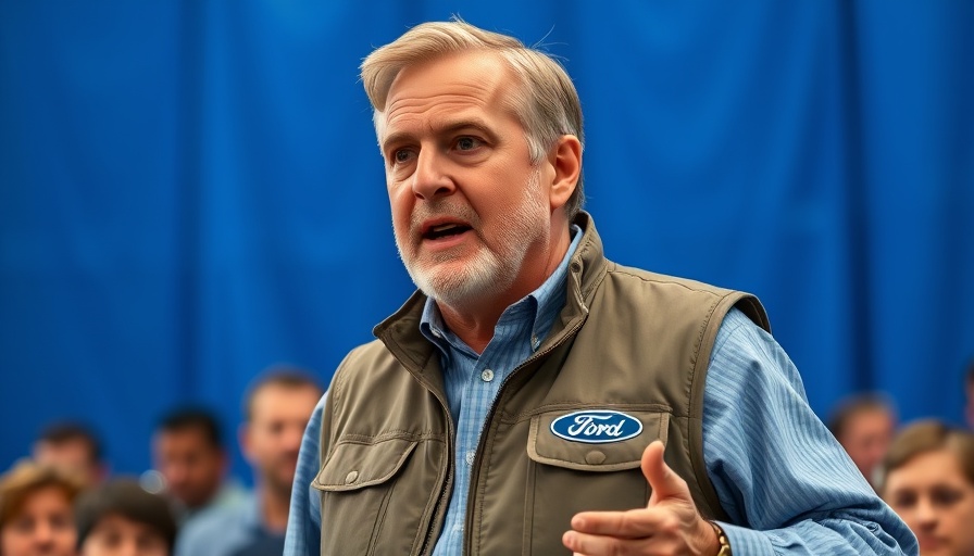 Ford CEO discussing tariff changes impact in front of a blue screen.