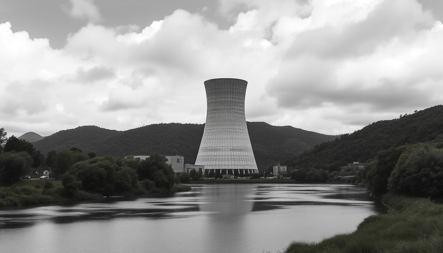 Monochrome nuclear cooling tower in lush landscape near river.