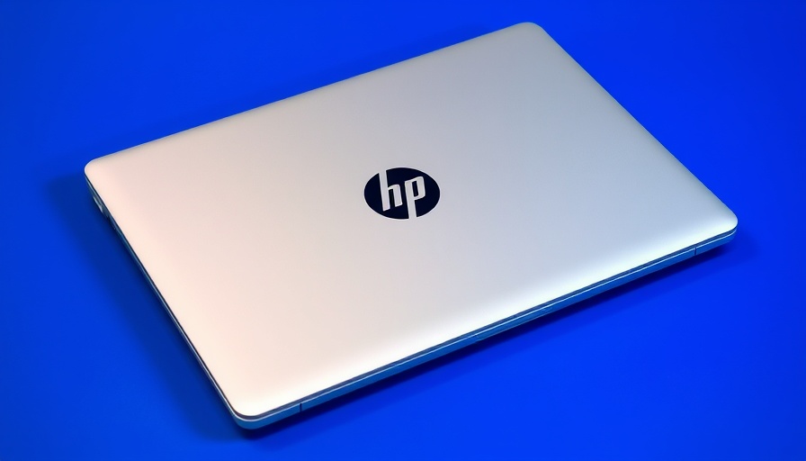 Sleek silver HP laptop on blue background, emphasizing repairability.