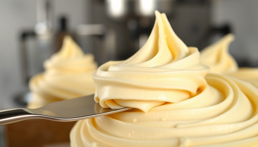 Buttercream frosting texture close-up in a kitchen setting.