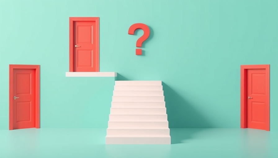 Minimalistic pastel staircase with question mark leading to red and green doors, symbolizing choices in latest startup news.