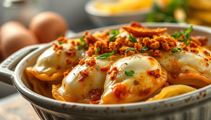 Cheesy baked ravioli in a ceramic dish for fakeout recipes for healthy living.