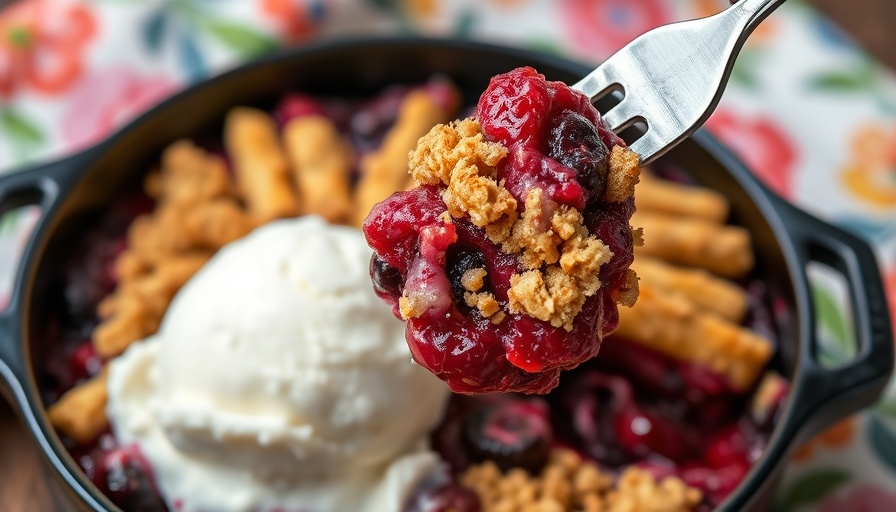 Berry crumble dessert in cast iron dish, ideal for weight loss.