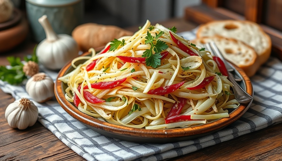 Spanish garlic cabbage salad on rustic table with garlic and bread.