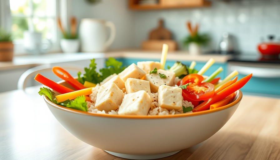 Buffalo Tofu Rice Bowl with fresh vegetables in bright setting.