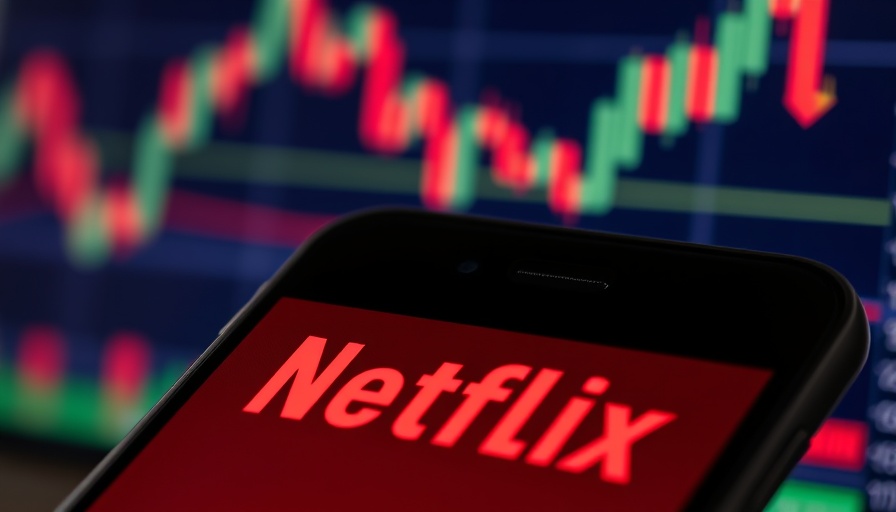 Netflix logo on phone with stock performance graph in background.