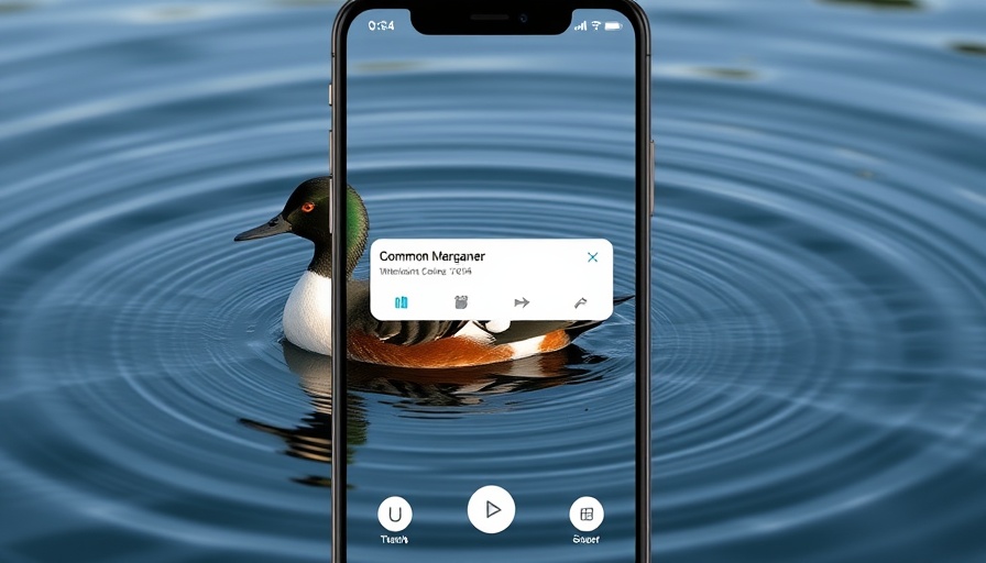 Bird call identification app interface showcasing a common merganser on water.