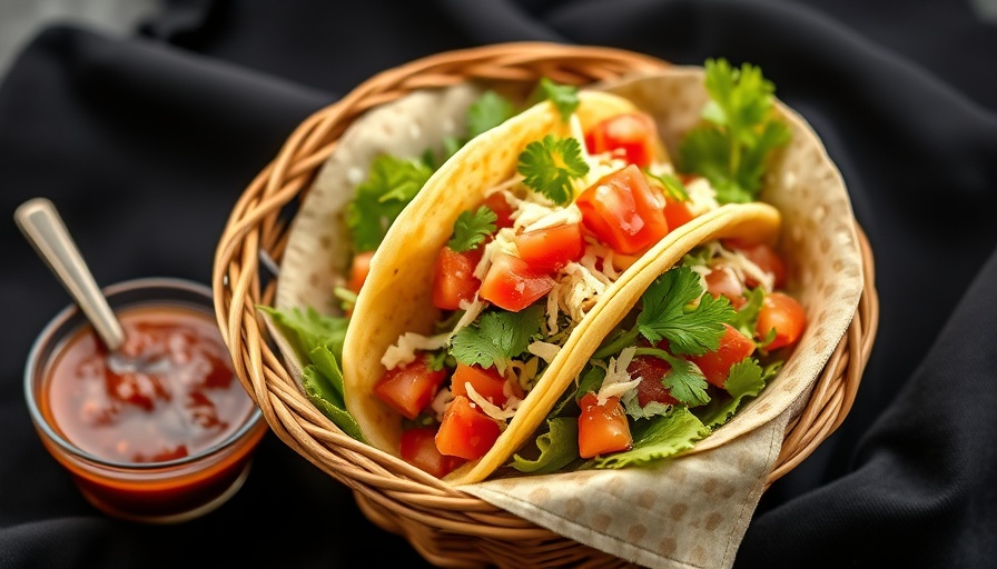 Healthy taco with fresh toppings in basket next to salsa, Mexican dishes for weight loss.