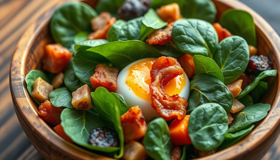Fresh spinach salad with eggs and bacon in a wooden bowl, vibrant colors.