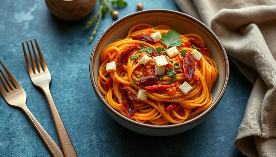 Gochujang pasta in a bowl topped with cheese.