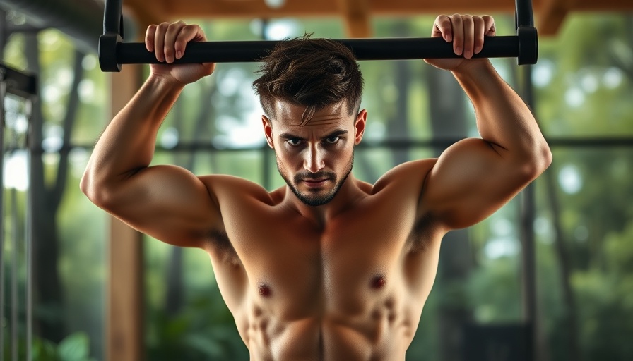 Man in gym performing pull-up in forest-themed setting.