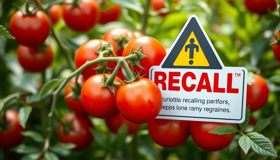 Ripe red tomatoes with product recall warning due to salmonella risk.