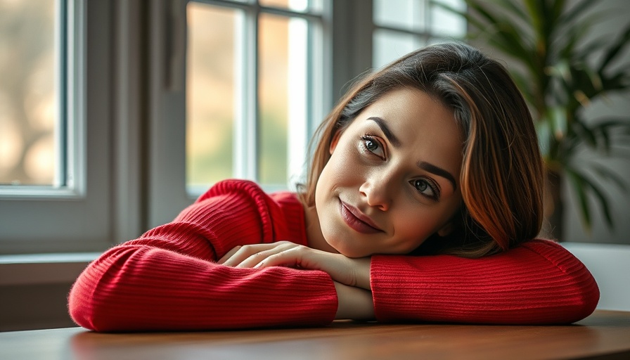 Woman in red sweater thinking, magazine cover, bright room.