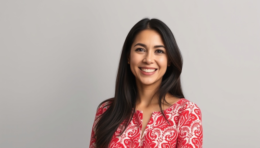 Portrait of a smiling woman in patterned top, warm expression.