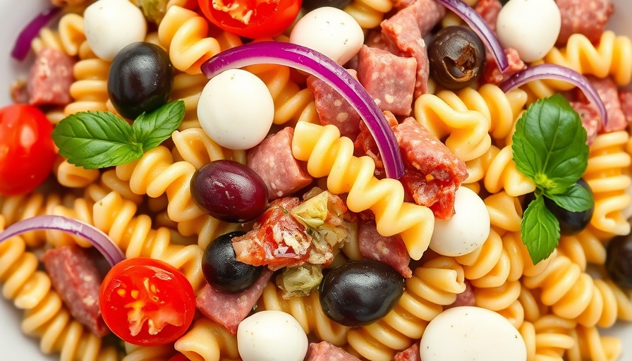 Colorful antipasto pasta salad with fresh ingredients