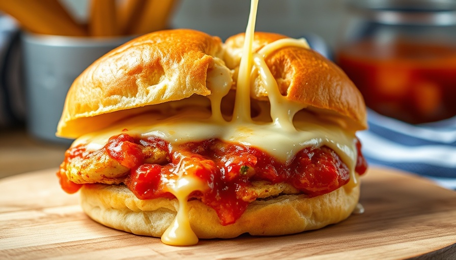 Close-up of chicken parmesan slider with melted cheese and sauce.