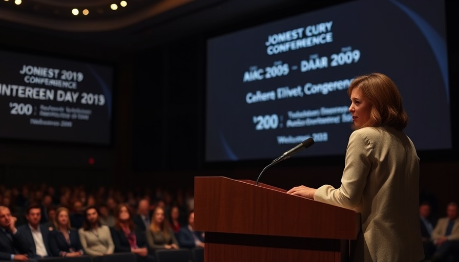 Righteous AI conference speaker addressing audience, spotlighted stage.