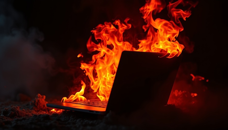 Chromebook engulfed in flames with smoke against dark background.