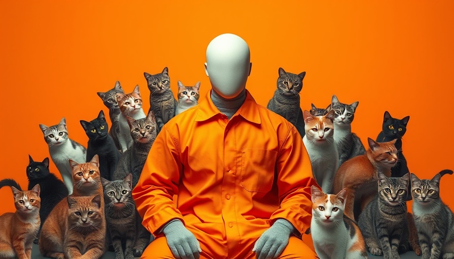 Faceless orange-suited figure surrounded by cats, conceptual art.