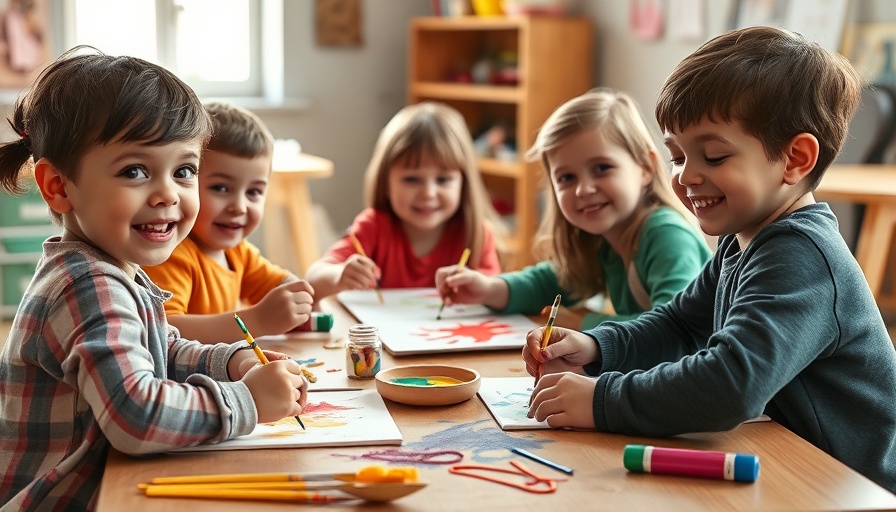 Children painting at a table, creative indoor art session.