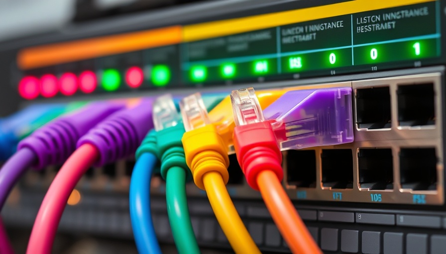 Ethernet cable categories connected to network switch with glowing LEDs.