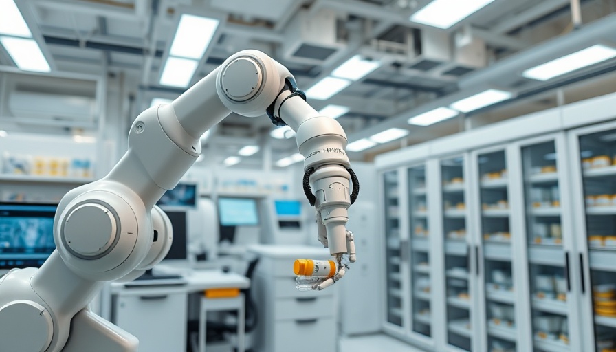 Robotic arm in high-tech pharmacy exhibiting automated prescription filling.