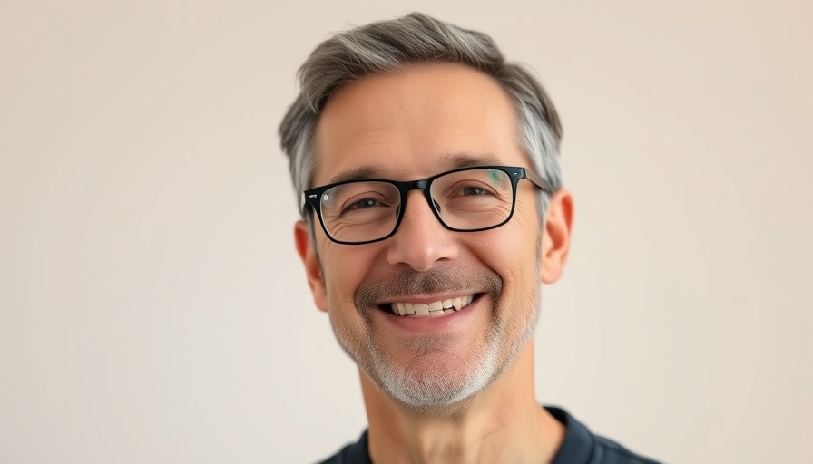 Middle-aged man smiling warmly in casual attire, highlighting the importance of a caring workplace.