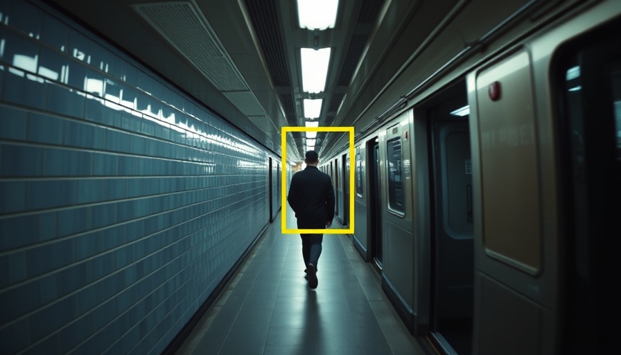 Surveillance scene with AI tracking in subway for police.
