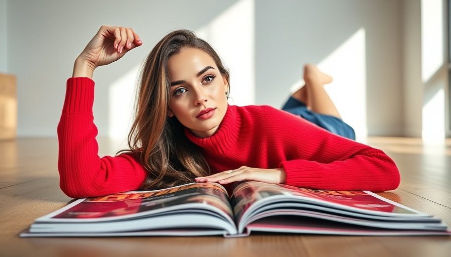 Fashionable woman in red sweater on magazine cover.