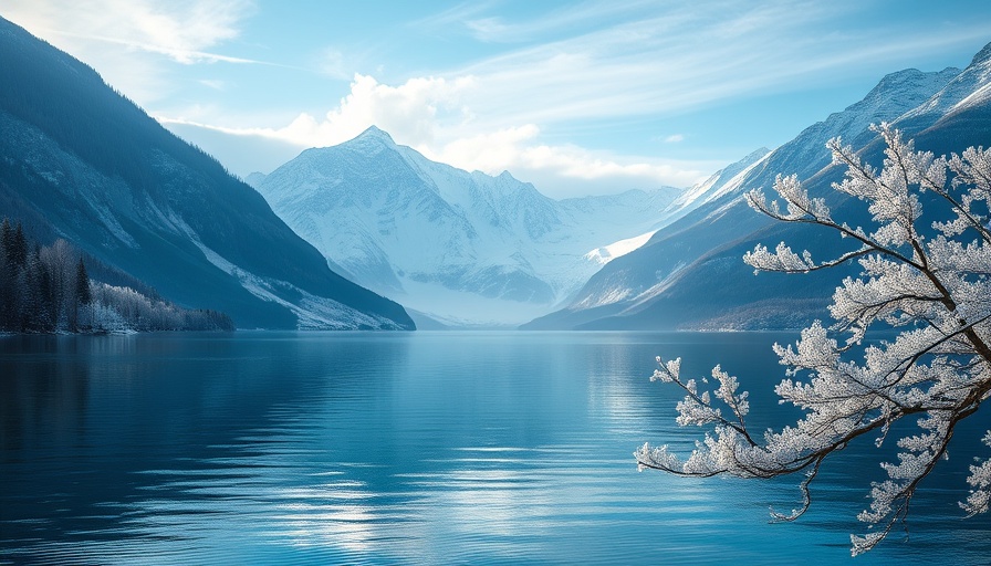 Stunning snowy mountain landscape with lake and frosted trees.