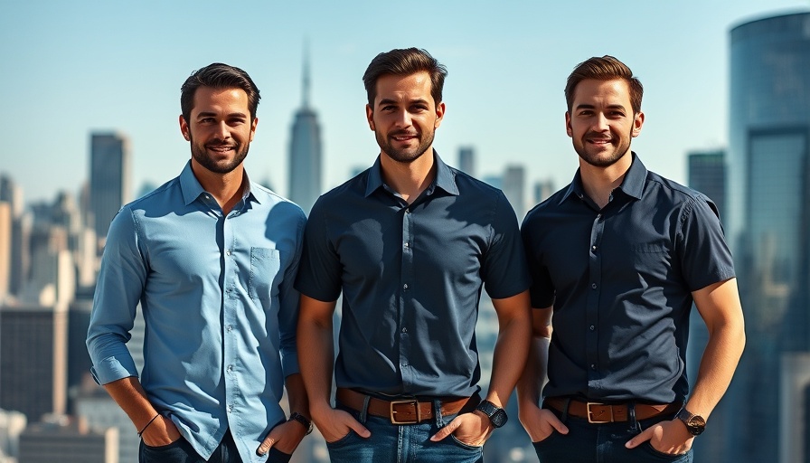 Three men in Tensor shirts on bridge with city skyline, showcasing Tensor9 digital twin technology.