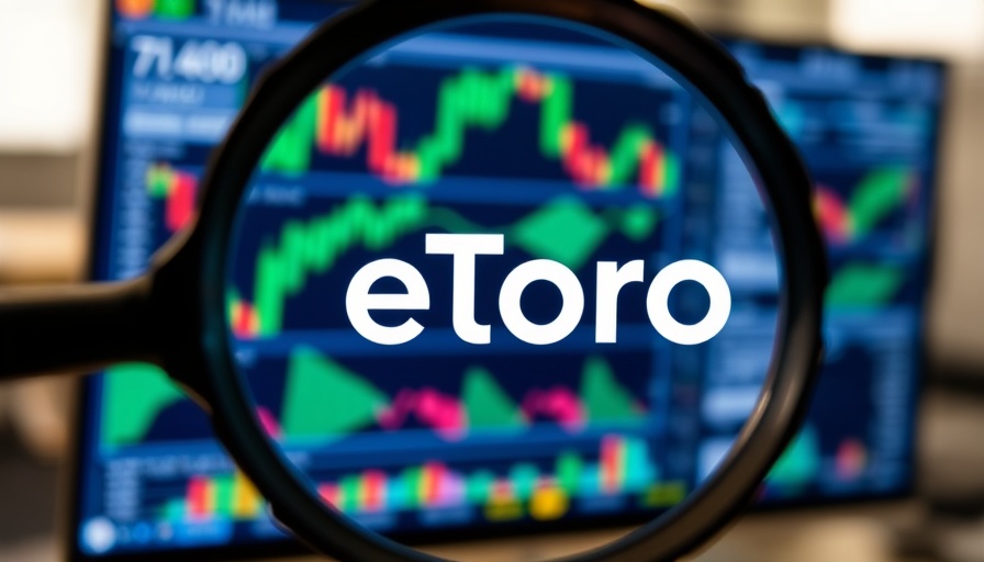 eToro logo magnified, highlighting IPO success analysis.