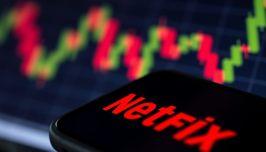Netflix logo on phone with stock market graph, highlighting user growth.