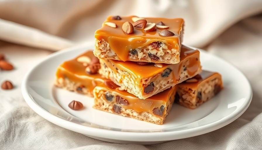Delicious butter almond caramel bars stacked neatly.