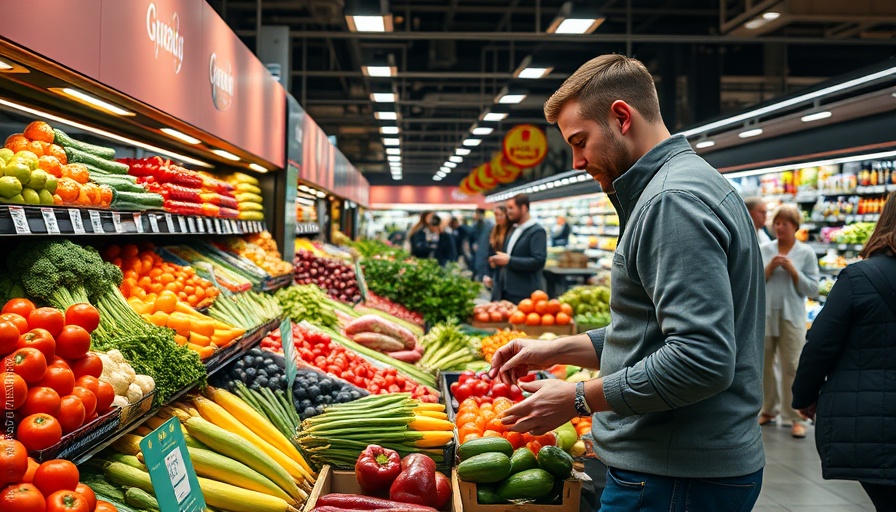 Walmart produce aisle with shopper amid price signs, illustrating tariff impact.