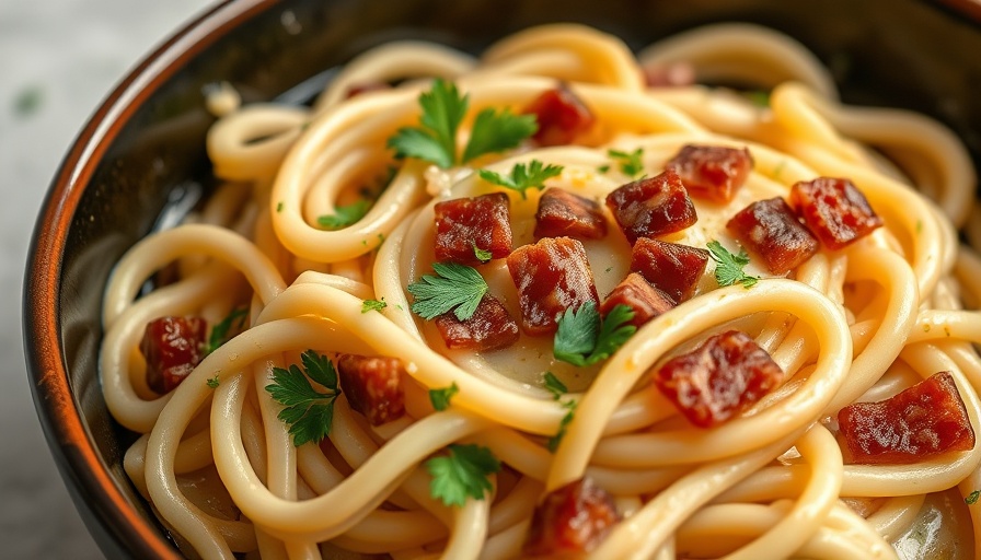 Udon Carbonara Recipe close-up in a ceramic bowl.