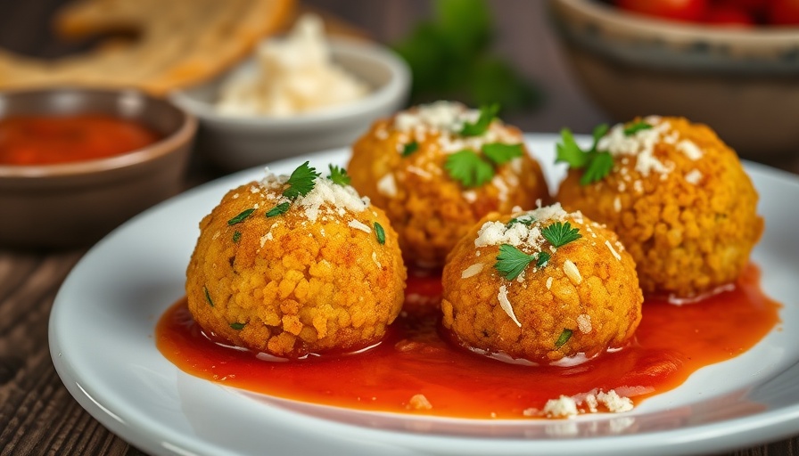 Delicious homemade arancini recipes on a rustic table.