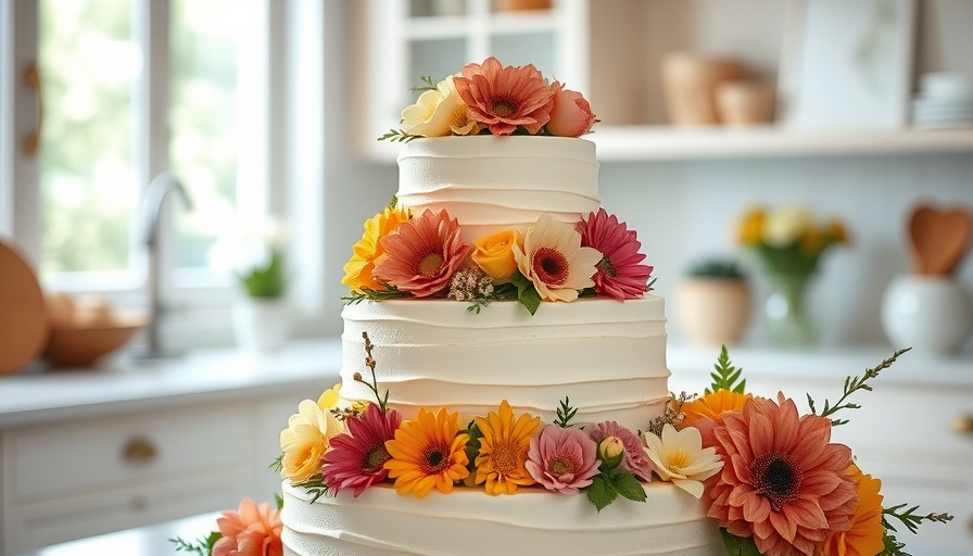 Elegant homemade wedding cake with edible flowers in a bright kitchen.