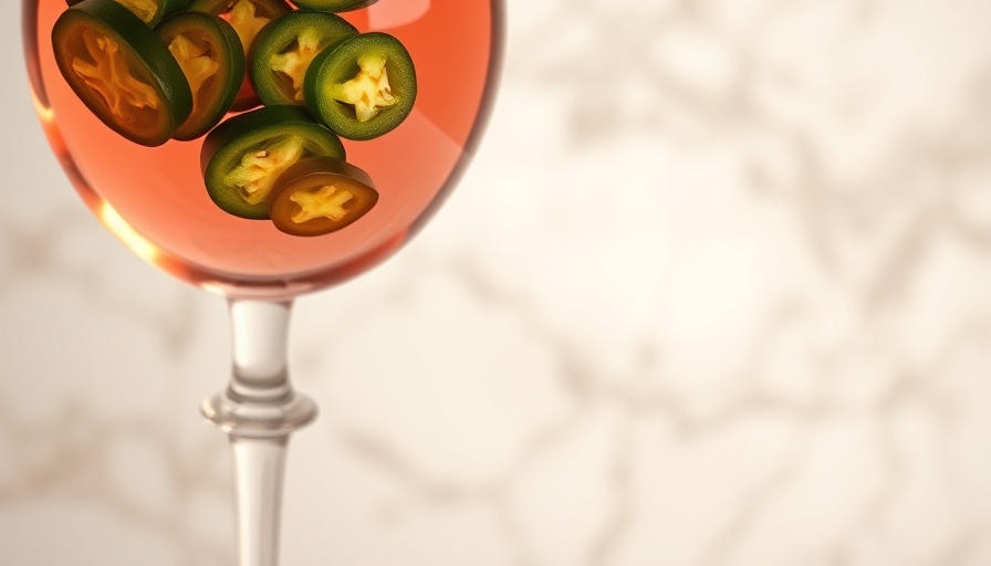 Jalapeños in Rosé wine glass against marble.