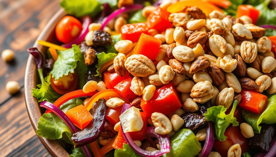 Colorful meal-prep salads in blue ceramic bowl on wooden table.