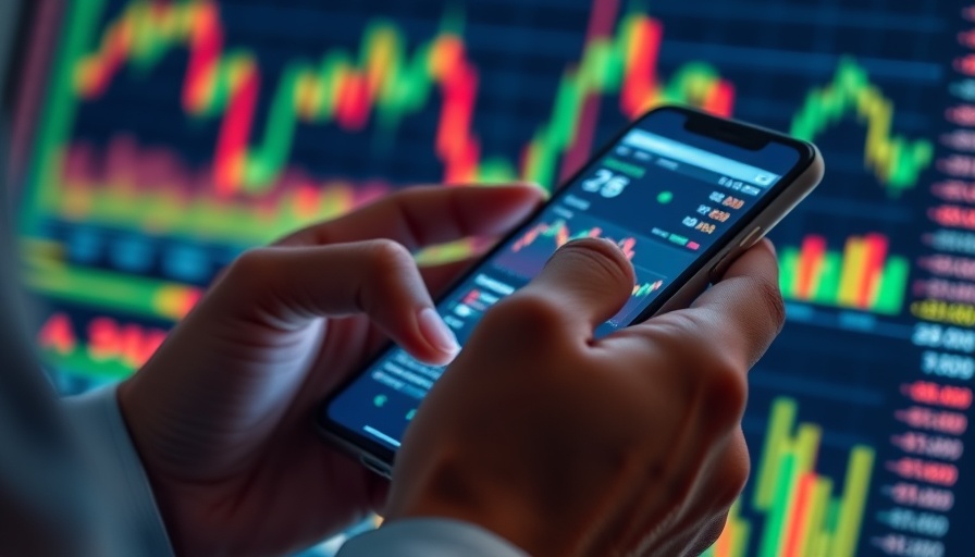Analyzing stock data on smartphone, tariffs impact on retailers visual.