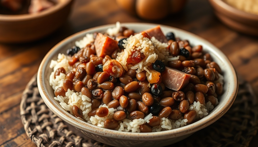 Southern meals Grandma made: black-eyed peas with ham in a bowl.