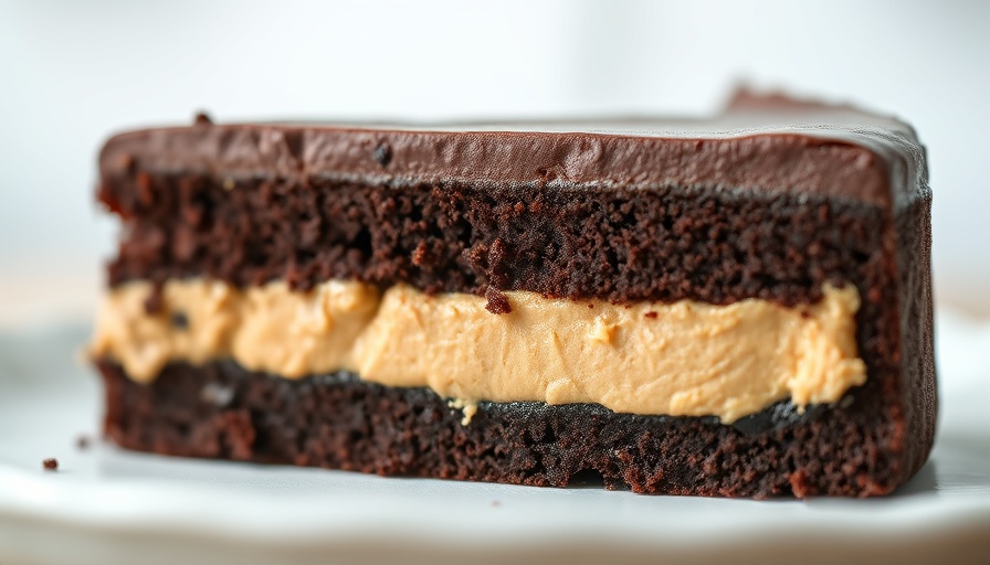 Moist chocolate cake slice with creamy filling, perfect for healthy potluck recipes.